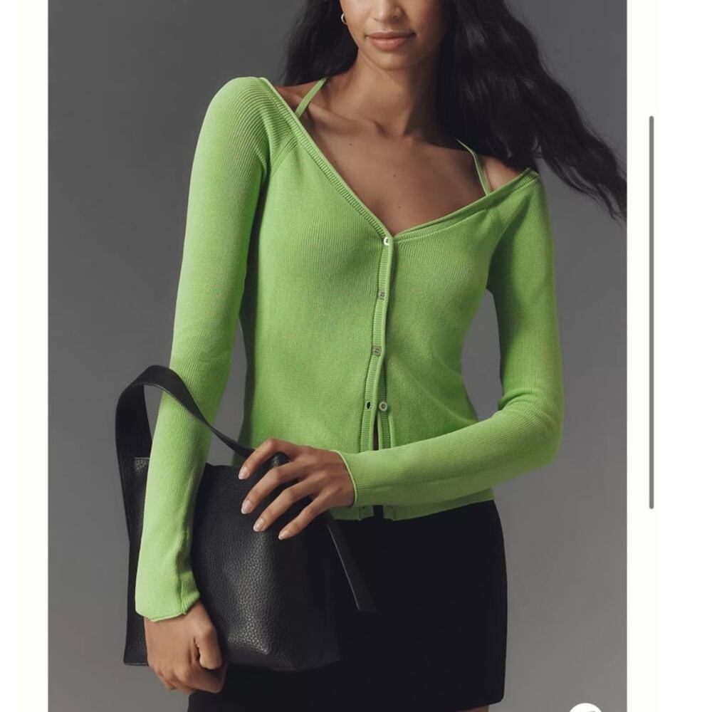 Good American Long-Sleeve Off-The-Shoulder Stretch Rib Knit Top Lime Green XS